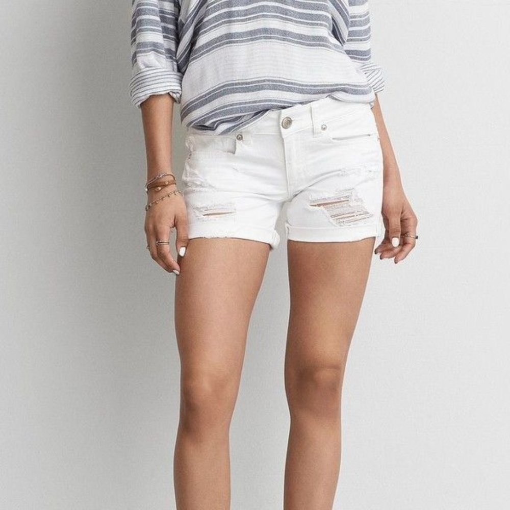 AEO White Distressed Midi Jean Shorts